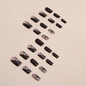 Long square burgundy fake nails with silver glitter lines and glossy brown finish