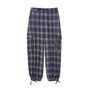 Blue plaid cargo pants featuring side flap pockets and adjustable drawstring ankle cuffs