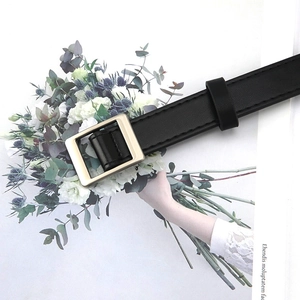 Classic black faux leather skinny belt for women with elegant golden rectangle buckle