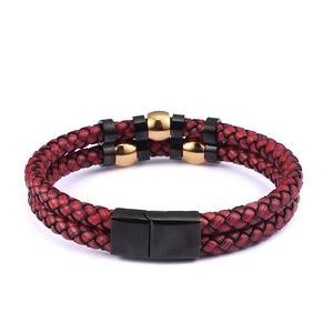 Men's double-layered red and black braided leather bracelet with golden beads