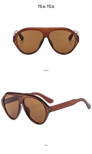 Front and side views of tea-tinted oversized aviator sunglasses with transparent frames