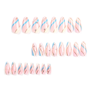Pink almond press-on nails with blue wave patterns, gold glitter lines and small rhinestones