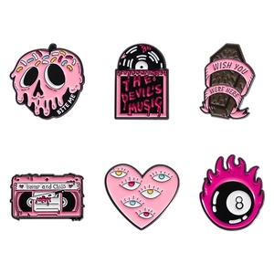 Pink heart skull enamel pin set for Halloween with metal badges in various cartoon designs