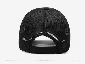 Detail view of the breathable mesh back and adjustable strap on a black baseball cap