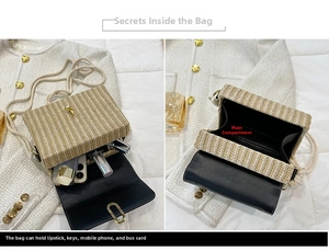 Detail of straw woven crossbody bag interior showing spacious main compartment capacity