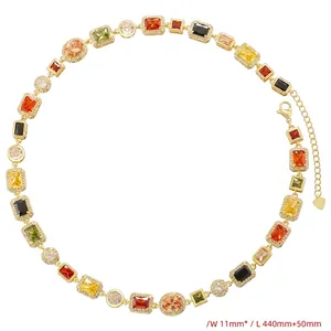 Detail view of colorful gemstone choker necklace showing 11mm width and 440mm length specs