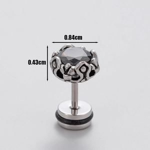 Macro shot of men's vintage steel stud earring showing 0.84cm diameter and black zircon