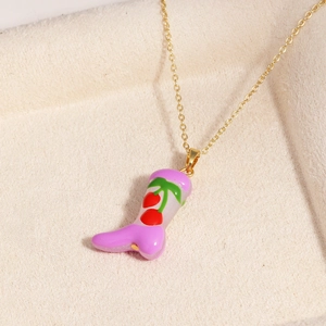 Golden necklace featuring a fashion boot pendant with pink accents and cherry patterns