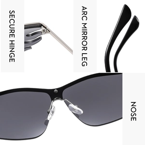 Detailed views of secure hinges, ergonomic arc legs and soft nose pads on sunglasses