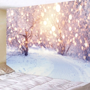 Winter forest snow scene tapestry for bedroom wall decor with warm golden light effects