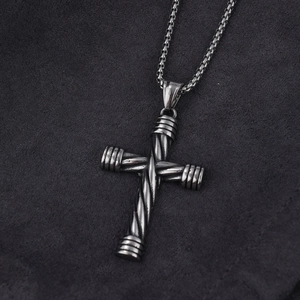 Mens vintage stainless steel cross necklace with twisted rope design on box chain