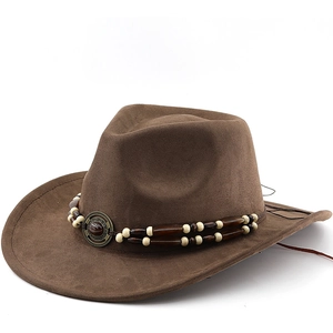 Western Cowboy Hat Faux Suede Wide Brim Fedora Ethnic Beaded Band Metal Badge Retro Jazz Style For Men Women