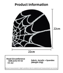Size guide for knitted spider web beanie showing 22cm height and 55-62cm head circumference