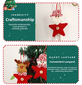 Close-up of felt Santa and reindeer ornaments with red star base and wooden buttons