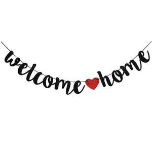 Black glitter Welcome Home banner with red heart for family homecoming party decorations