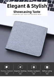 Detail of grey canvas men wallet showing precise white stitching and textile texture