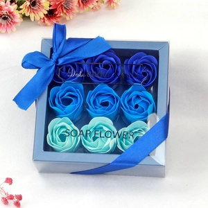 Blue gradient soap rose gift box with 9 pieces and elegant ribbon for Mother's Day gift