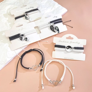 Pulseras tejidas ajustables con colgantes de yin yang y corazones Best Friends