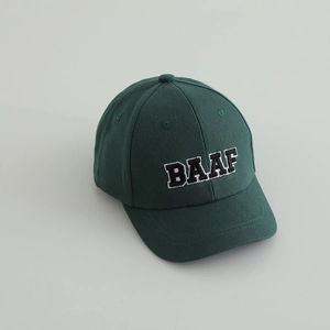Detail of dark green cotton baseball cap with white BAAF letter embroidery and air vents