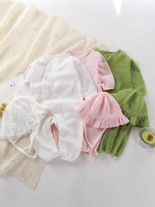 Infant 100% Cotton Gauze Long Sleeve Romper And Ruffled Hat Set Side Snap Jumpsuit Soft Breathable Newborn Pajamas Clothing