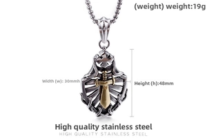Detailed size view of retro stainless steel shield and sword pendant necklace for men