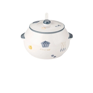 White ceramic lard container with Love to Eat print, lid and dual handles