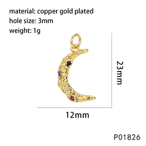 Gold plated crescent moon pendant with colorful cubic zirconia and dimensions