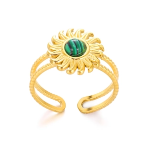 Adjustable vintage sunburst gold ring with textured green turquoise stone for women