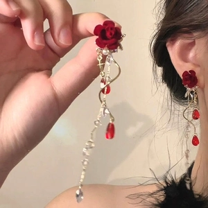 Elegant silver needle red flocking rose earrings with long tassels and pearls