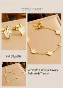 Detailed set of gold stainless steel necklace, bracelet and earrings with leaf shells