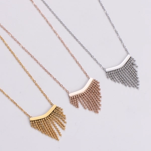 Bohemian fan-shaped tassel necklaces in gold, rose gold, and silver stainless steel