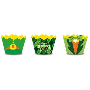 Saint Patrick's Day cupcake wrappers set featuring green Irish shamrock and clover designs