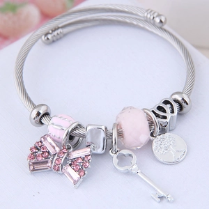 Tree Of Life Stainless Steel Open Cuff Bracelet For Women Alloy Rhinestone Bow Key Charm Beaded Bracelet Bangle Jewelry Gift