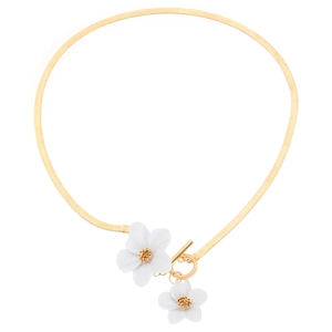Detail of gold snake chain necklace with white flower pendants and toggle clasp