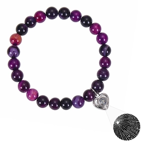 Detail of purple bead bracelet with heart pendant showing I Love You projection