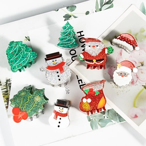 Christmas Hair Claw Clips Glitter Acrylic Shimmer Santa Snowman Tree Shapes Holiday Party Hairpins For Women Girls