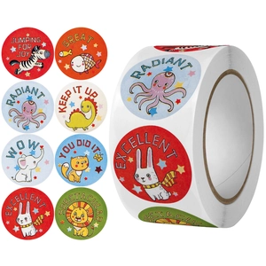 Detail of animal reward stickers roll with 8 cartoon designs and encouraging English text