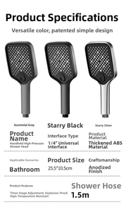 Detailed spec chart of handheld pressurized shower head in three colors with ABS material