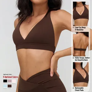 Reggiseno sportivo marrone con scollo a V, schiena scoperta e imbottiture rimovibili