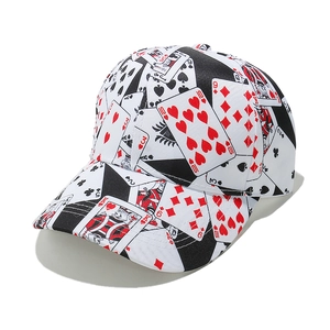 Detailed close-up of a punk style baseball cap with playing card print in cotton canvas