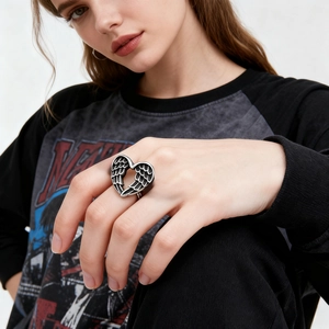 Heart Wings Ring Stainless Steel Hollow Out Carved Texture Vintage Gothic Punk Retro Style Unisex Finger Jewelry