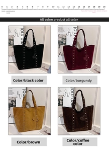 Collage of rivet tote bags in black, burgundy, brown, and coffee with heart charms