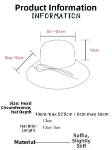 Size chart for raffia straw hat showing head circumference, brim width and hat depth