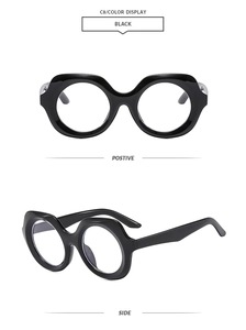 Front and side views of stylish black thick frame irregular sunglasses with metal hinges