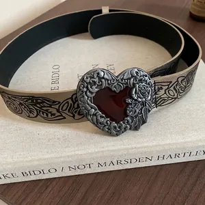 Vintage gothic heart belt with rose floral buckle and black rose patterned leather strap