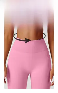 Detail view of pink high waist yoga leggings with ribbed waistband and side pocket