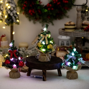 Mini Christmas Tree LED Light Up Tabletop Decoration PVC Burlap Base Desktop Home Office Festive Ornament Rustic Style