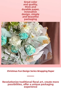 Detailed view of Christmas kraft paper wrapping a bouquet with roses and feathers