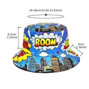 Reversible bucket hat with comic boom print and city skyline in blue and yellow