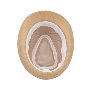 Detail showing the breathable mesh lining and white sweatband inside the Panama straw hat
